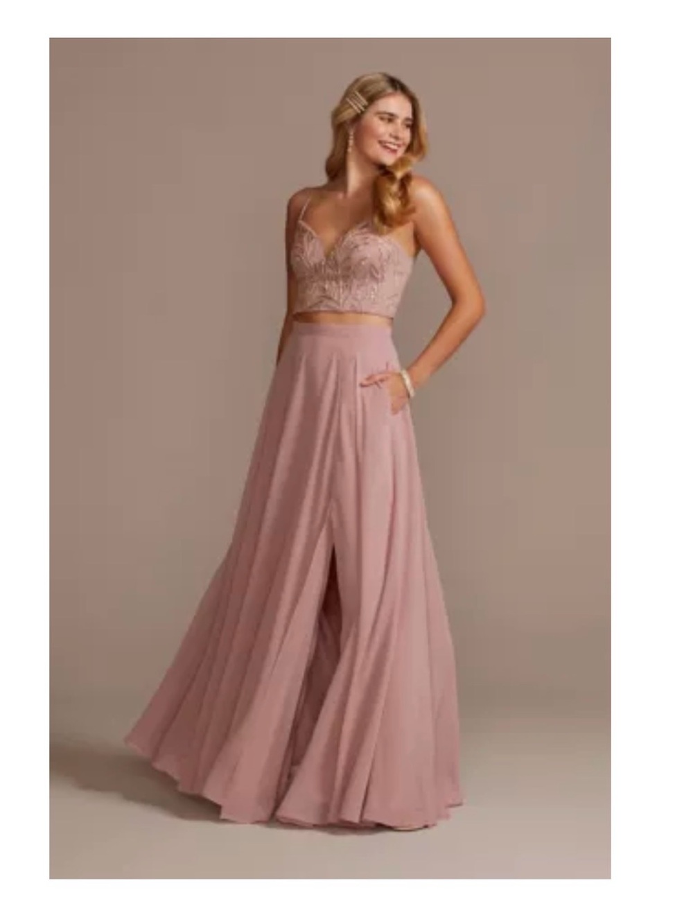 David's Bridal Dusty Rose Two-Piece Beaded Crop Top and Skirt